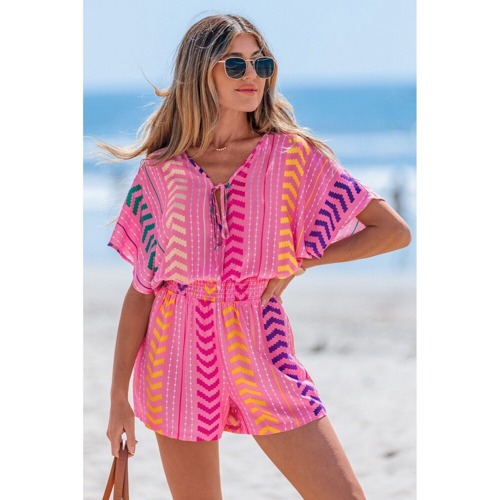 CUPSHE Women's Summer Romper V Neck Short Sleeve Tie Front Size Large
